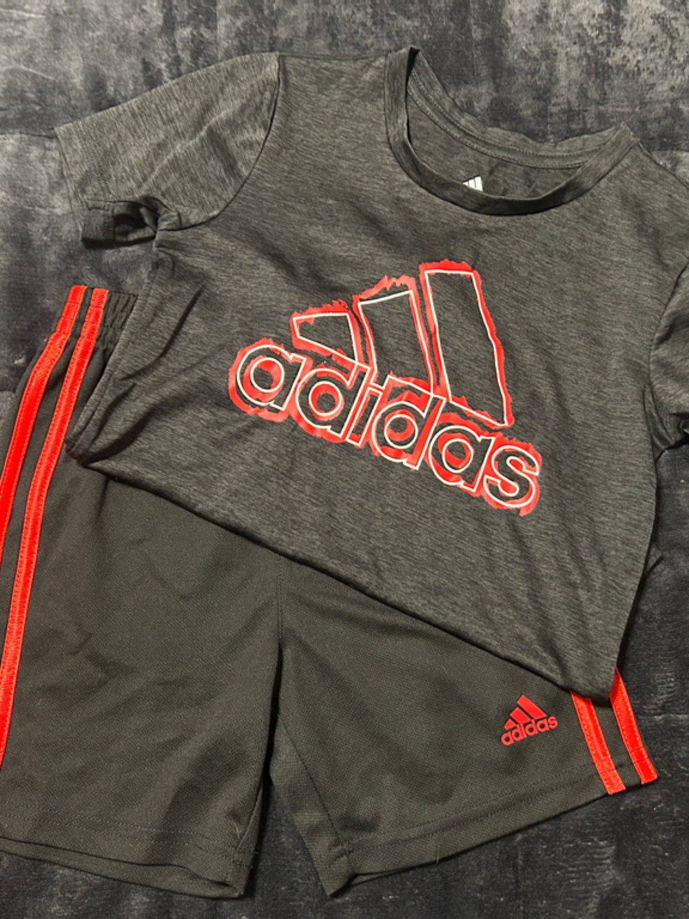 adidas Gray Tee & Black Shorts Set with Red Trim